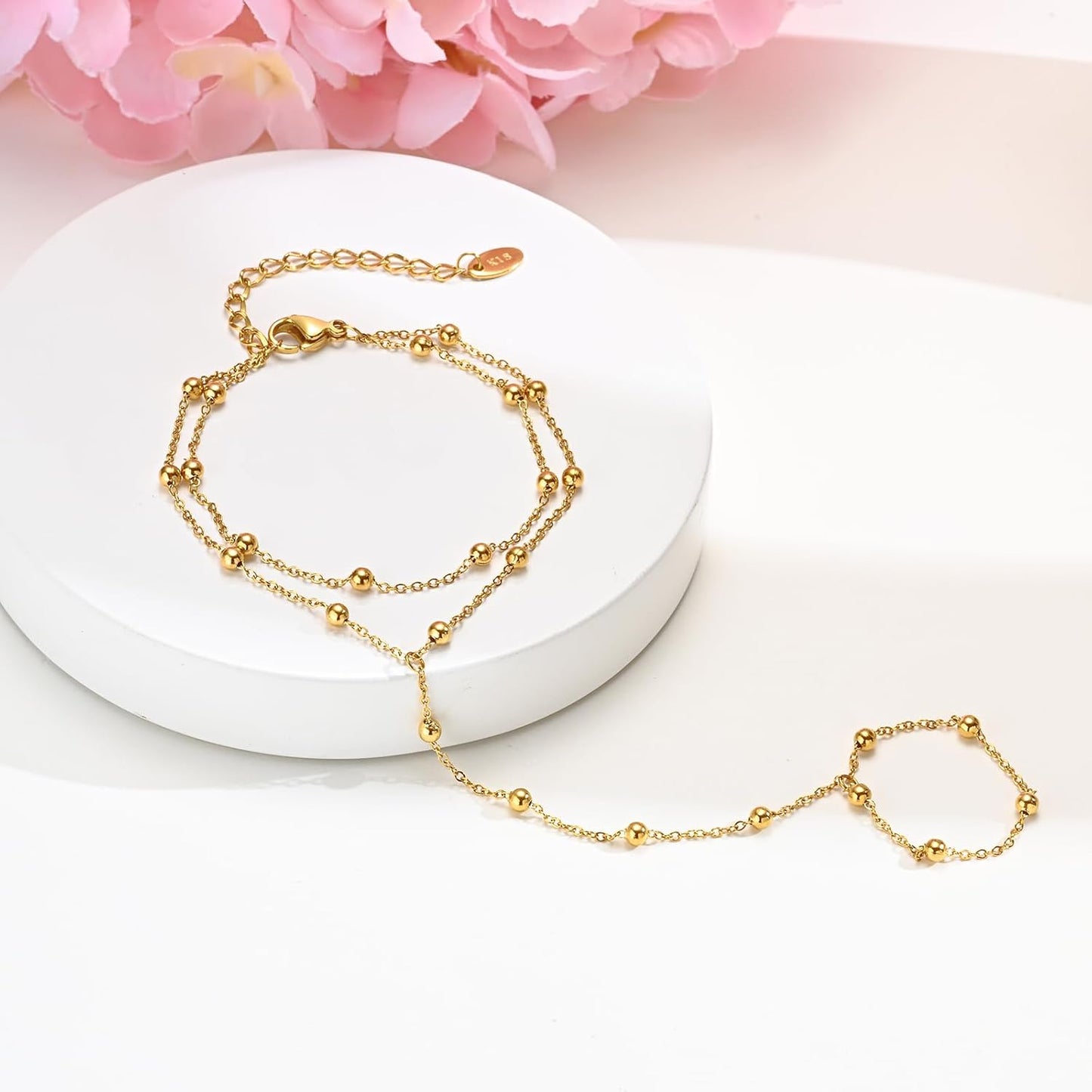 Hand Chain Ring Bracelet For Women, 14k Gold Plated Dainty Cubic Zirconia Minimalist Finger Ring Bracelet, Trendy Stuff Jewelry Gifts To Wife Girfriend Daughter Sister BBF, 17.5cm/7.5cm