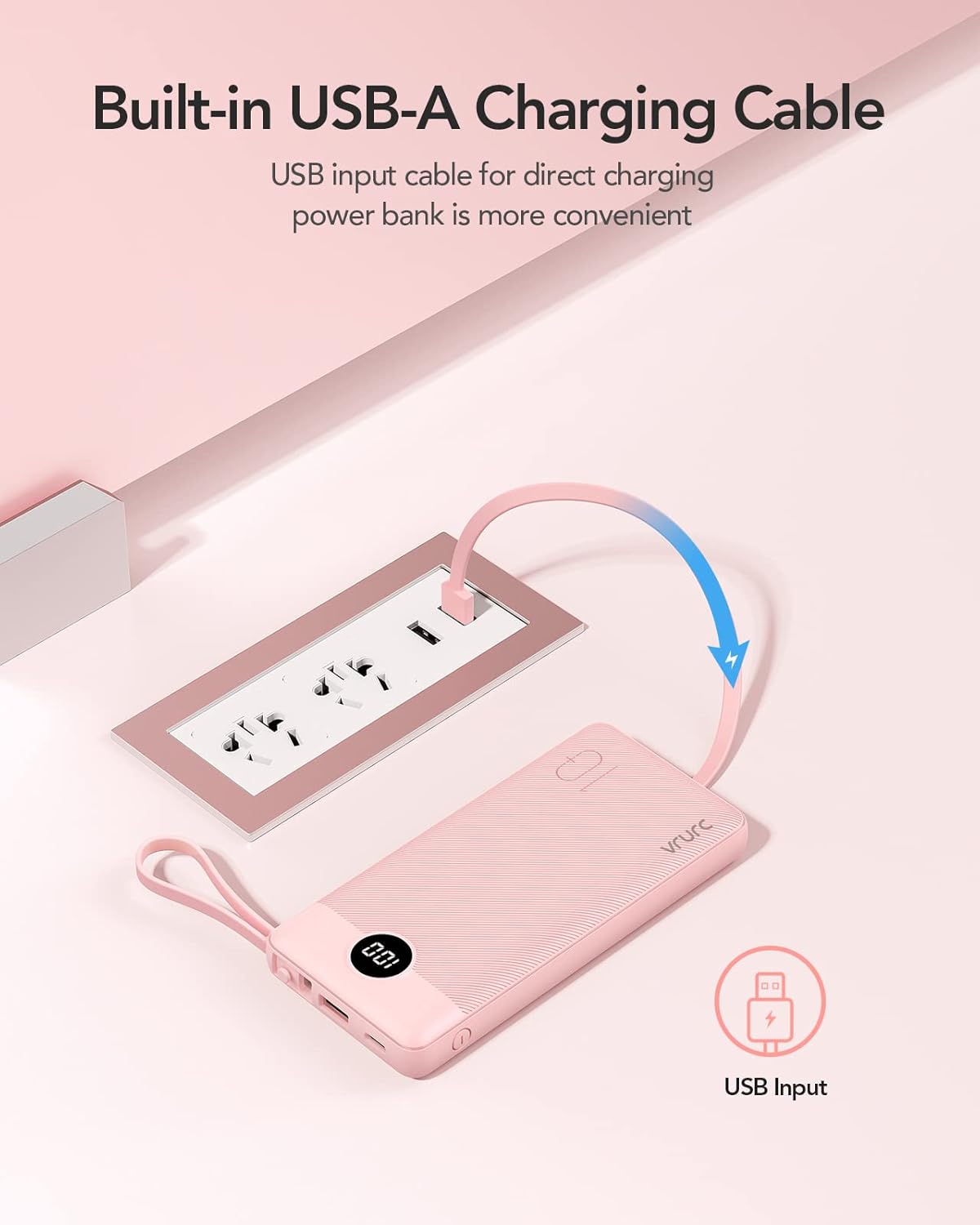 VRURC 10000mAh Power Bank Built-in Cables, Portable Charger with LED Display, Slim Intelligent Travel Battery Pack with Cords, 5 Output Dual Input Phone Charger for Cell Phone Smart Devcies-Blue