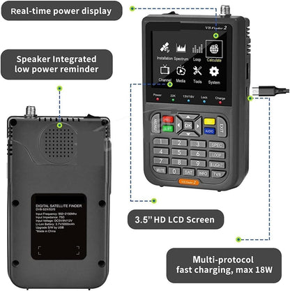 V8 Finder2 Satellite Signal Detector FTA DVB-S/S2/S2X Digital Signal Receiver LCD HD Screen for Adjusting Satellite TV for Dish Network Directv(FD2 Black Bag Charge)