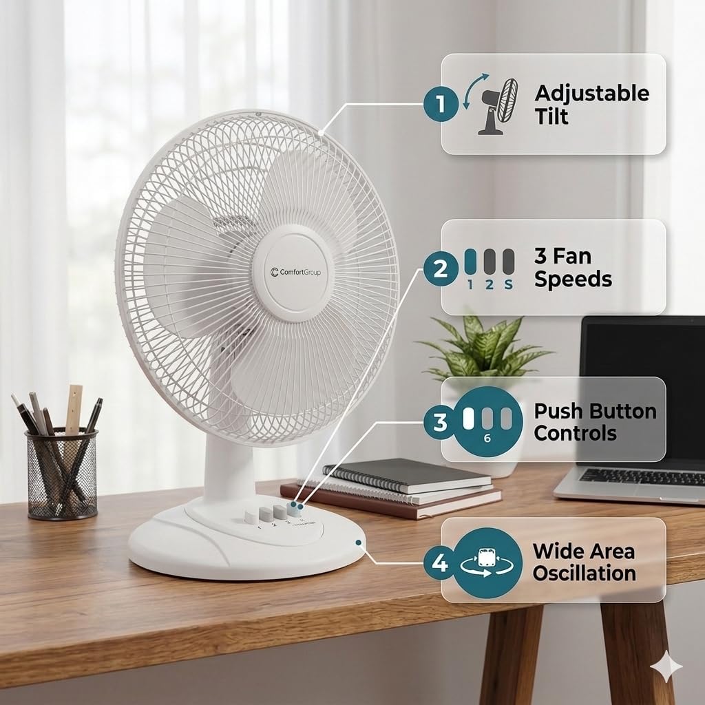 Comfort Zone 12" Oscillating Table Fan (White) – Quiet 3-Speed Fan for Bedroom, Office & Air Circulation