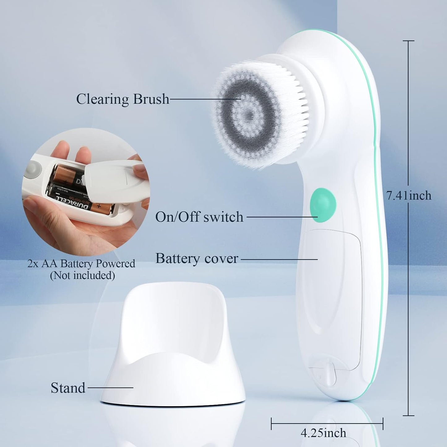 TOUCHBeauty Facial Cleansing Brush Electric, Face Cleansing Brush with Stand, 3 Brush Heads, 2 Speeds, IPX5 Waterproof, Battery-Powered, Suitable for All Skin Types, AG-0759D, White