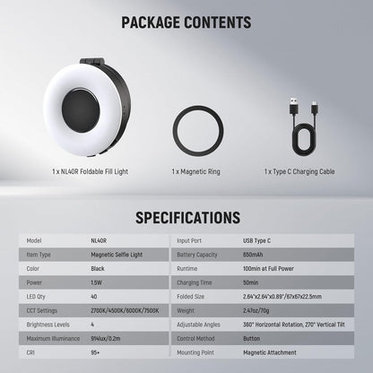 NEEWER ENTRY LEVEL VERSION Magnetic Selfie Light Compatible with MagSafe iPhone, 4 Mode CRI95+ 914lx 1.5W Plastic Folding Small LED Phone Fill Ring Lighting for Recording Makeup Video Conference,NL40R