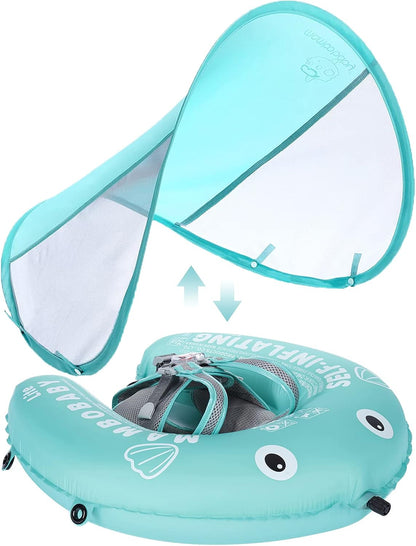 Mambobaby Baby Swim Float with Canopy, Non-Inflatable Solid Baby Float, Upgrade Soft Skin-Friendly Material Infant Swim Float