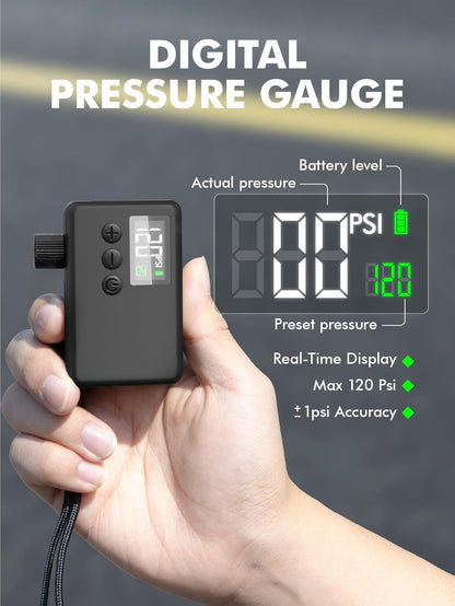 GPUTEK Mini Bike Tire Air Pump: Fast Inflate Portable Small Electric Bicycle Pump for Presta and Schrader Valves, 120 Psi High Pressure Pump with Digital Gauge for Road Bike, Mountain Bike, E-Bike
