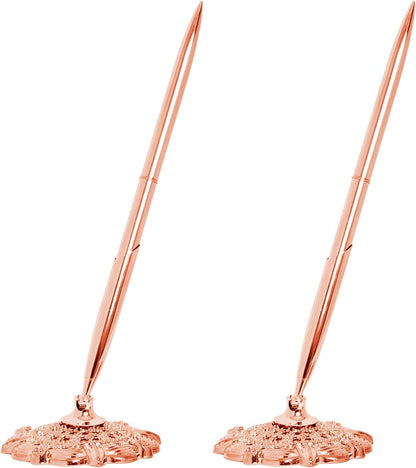 Bcxfbxd 2 Pcs Hollow Round Pen Holder Metal Pen Stand Holder Set Signing Pen Set Signing Desk Ballpoint Pens for Guest Book Wedding Birthday Party Graduation Teacher Office Business (Gold)