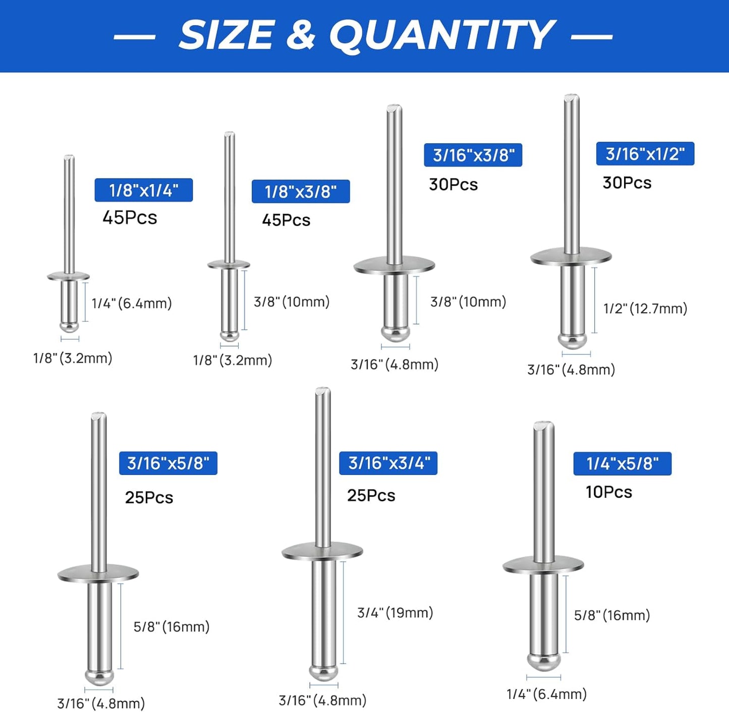 Besitu 210Pcs Pop Rivets Assortment Kit, 1/8" 3/16" 1/4" Large Flange Solid Rivets Set Aluminum Grip Stainless Steel Mandrel Blind Rivets for Metal Heavy Duty