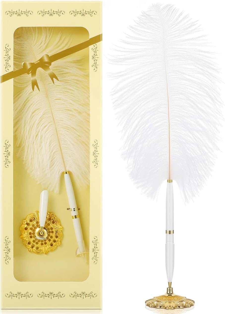 Hemobllo Fancy Pen: Creative Natural Ostrich Quill Pen with Gold Holder Base for Wedding Engagement Party, Guest, Office, Signing - Black Ink - PuriLite