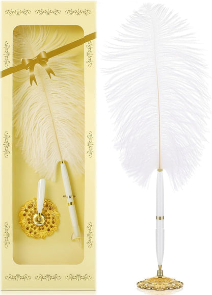 Hemobllo Fancy Pen: Creative Natural Ostrich Quill Pen with Gold Holder Base for Wedding Engagement Party, Guest, Office, Signing - Black Ink - PuriLite
