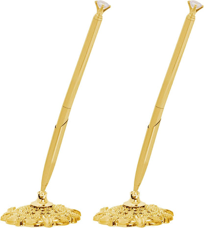 Bcxfbxd 2 Pcs Hollow Round Pen Holder with Diamond Metal Pen Stand Holder Set Signing Pen Set Signing Desk Ballpoint Pens for Guest Book Wedding Birthday Graduation Teacher Office Business (Gold)