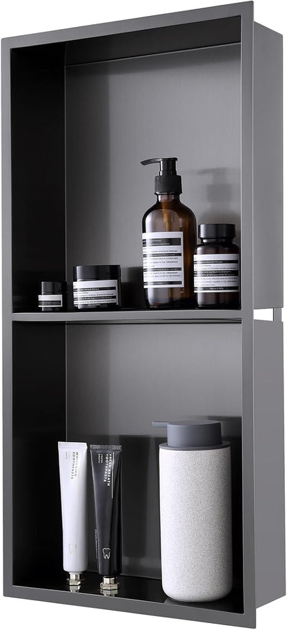 MENATT No Tile Shower Niche, Stainless Steel Wall Niche 13"X19"(Inner Size 12"X18"), Two-Tier Bathroom Shelf, NO Tile Needed Recessed Niche Shower for Bathroom Storage, Black