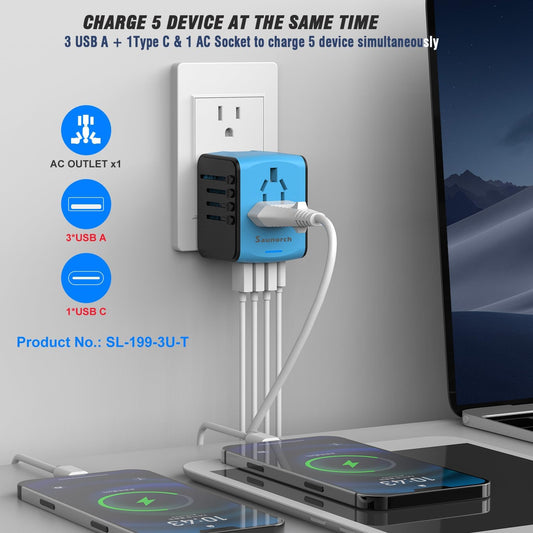 Universal Travel Power Adapter Worldwide – International Plug Adapter with USB-C and 3 USB-A Ports, 5-in-1 Wall Charger for Europe, UK, US, Australia, Asia (Blue) - PuriLite