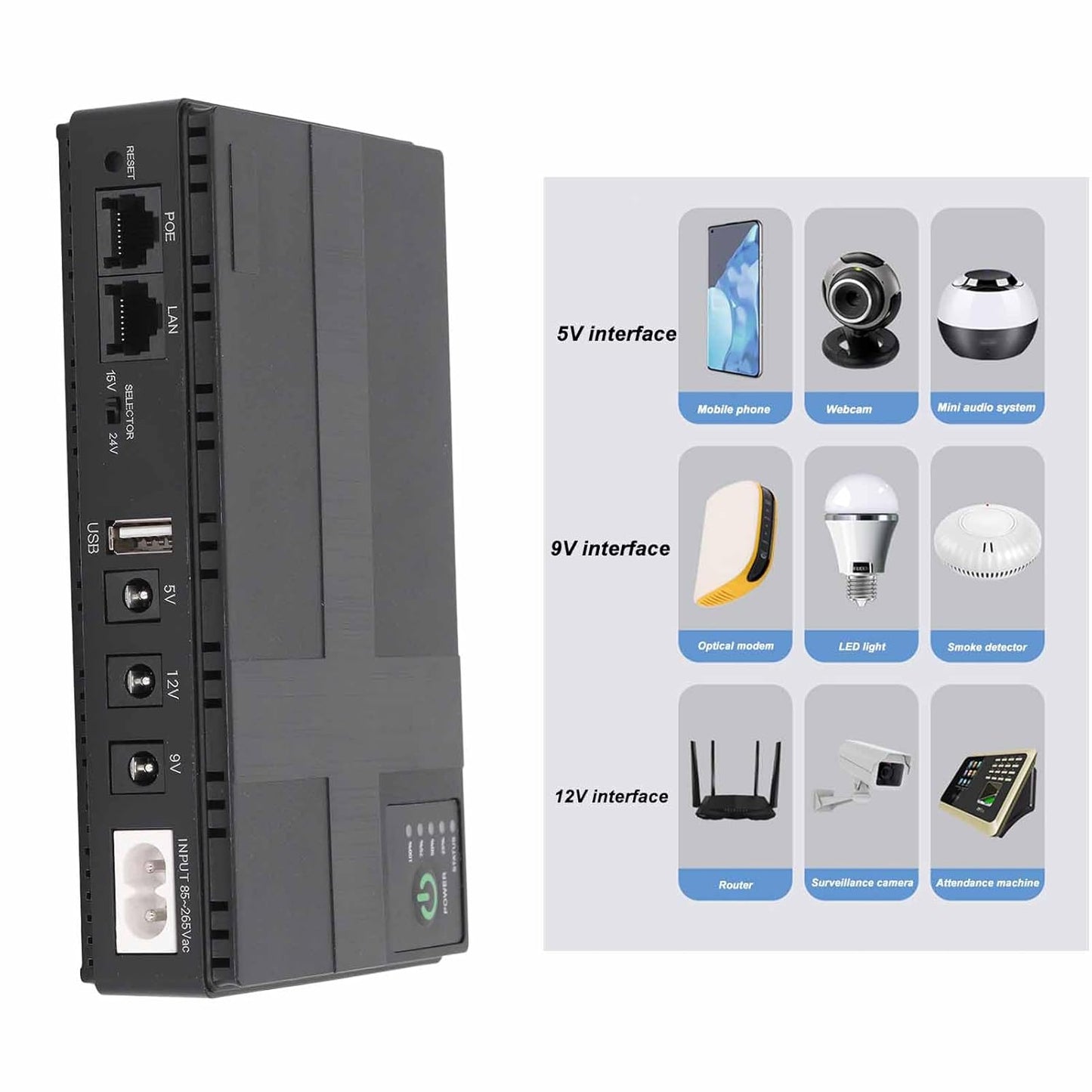 10400mAh Mini UPS Battery Backup, 5V 9V 12V 2A POE Uninterruptible Power Supply, Compact Basic Standby UPS System for Camera Router LED Light Modems Speaker, 85-265V (US Plug)