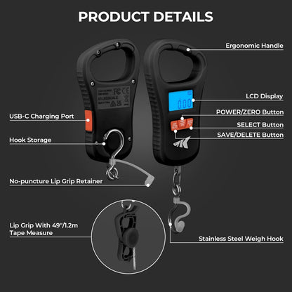 KastKing Fish Scale with Lip Gripper, ToughTide USB Charging Fishing Scale Built-in Measuring Tape, 65lb Capacity, Ultra-Thin Digital Fish Scale, LCD Display, Ergonomic Handle, Black Combo