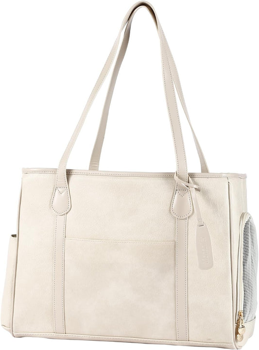 Monanller Stylish Dog Purse Carrier, Leather Pet Carrier Bag for Small Dogs Cats Puppy, Airline Approved Soft-Sided Carrier Beige