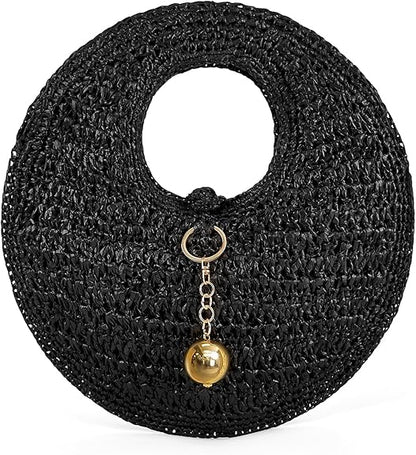 PHILOMENA Woven Straw Beach Bag for Women Handmade Raffia Circle Bag, Summer Boho Chic Tote Purse Handbag Large Round Bag