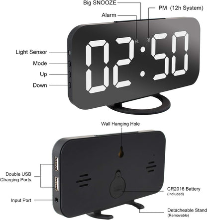 Digital Alarm Clock,Large LED Mirror Display, 2 USB Charging Ports，Auto Dim Mode，Modern Design Clock for Bedroom Office, White