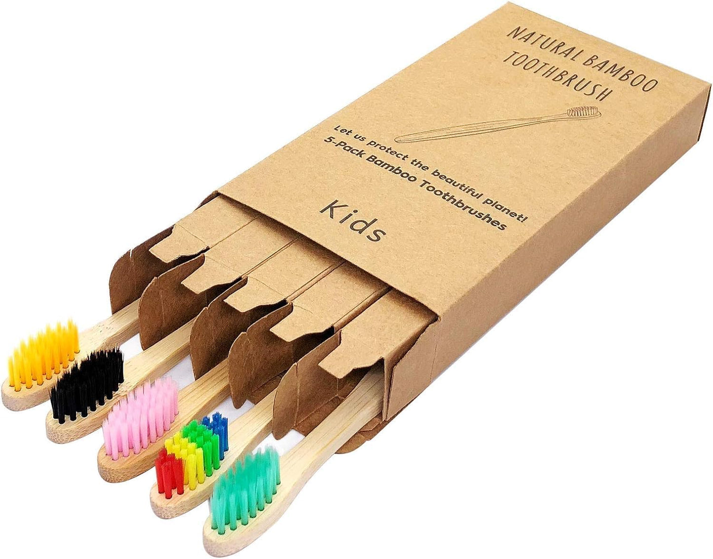 ECOETBOO Kids Bamboo Toothbrush Medium Bristles Rainbow, 5 Pack Children's Toothbrushes Eco-Friendly Wooden Handle Tooth Brush (5 Colors)