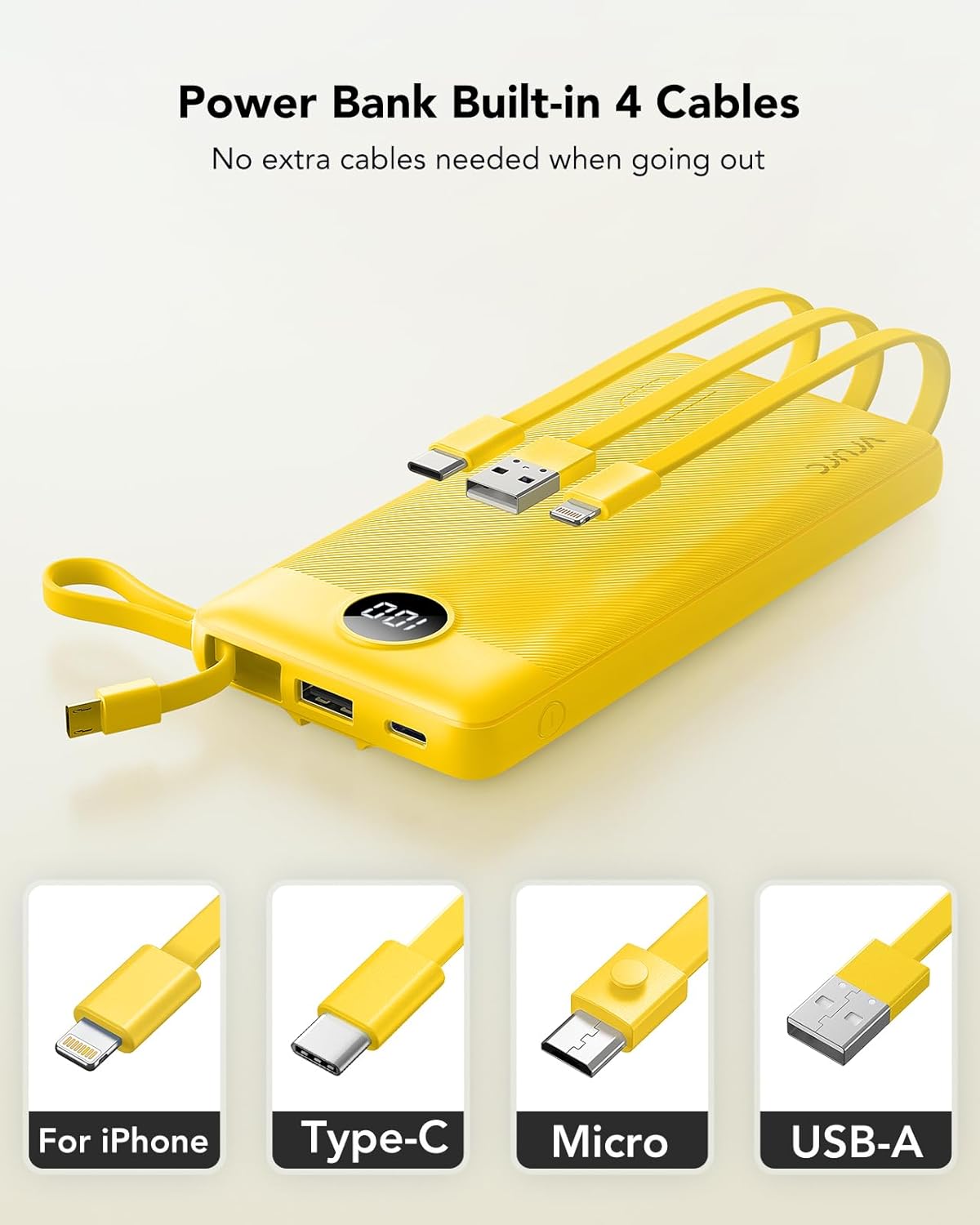 VRURC 10000mAh Power Bank Built-in Cables, Portable Charger with LED Display, Slim Intelligent Travel Battery Pack with Cords, 5 Output Dual Input Phone Charger for Cell Phone Smart Devcies-Blue