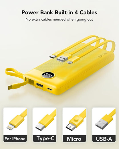 VRURC 10000mAh Power Bank Built-in Cables, Portable Charger with LED Display, Slim Intelligent Travel Battery Pack with Cords, 5 Output Dual Input Phone Charger for Cell Phone Smart Devcies-Blue
