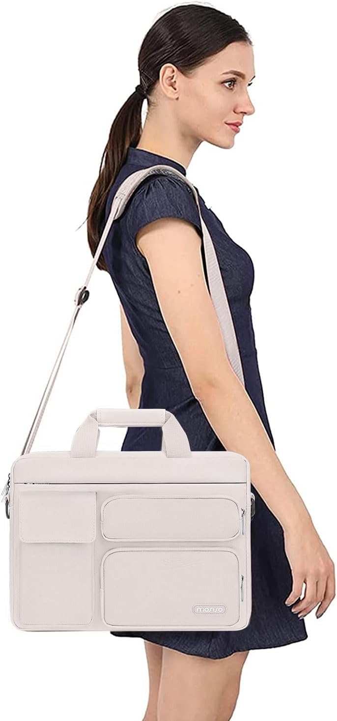MOSISO Laptop Bag 16 inch, 15-15.6 inch Computer Shoulder Bag Compatible with MacBook Air 15 M4 M3 M2/Pro 16 M4 M3 M2 M1, Notebook &2 Raised&1 Flapover&1 Horizontal Pocket&Handle&Belt, Pink - PuriLite