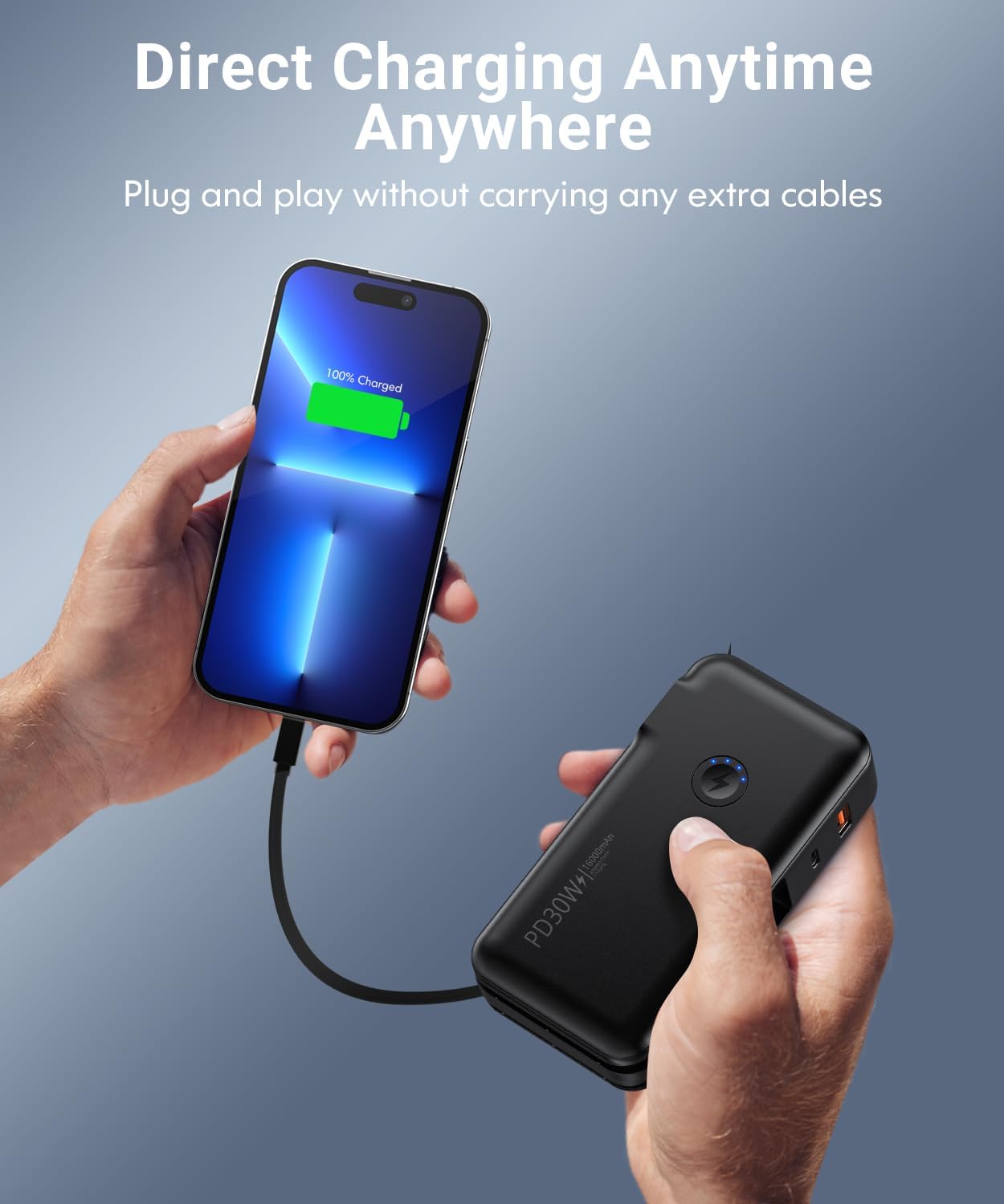 Portable Charger Power Bank 16000mAh Power Bank Built-in AC Wall Plug and Cables, PD 30W and QC4.0 Fast Charger for Most Electronic Devices (White)