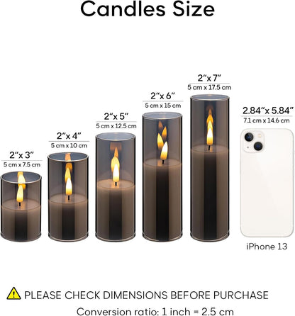 Eywamage Slim Tall Grey Glass Flameless Candles with Remote, Batteries Included, Flickering LED Pillar Votive Candles Set of 5