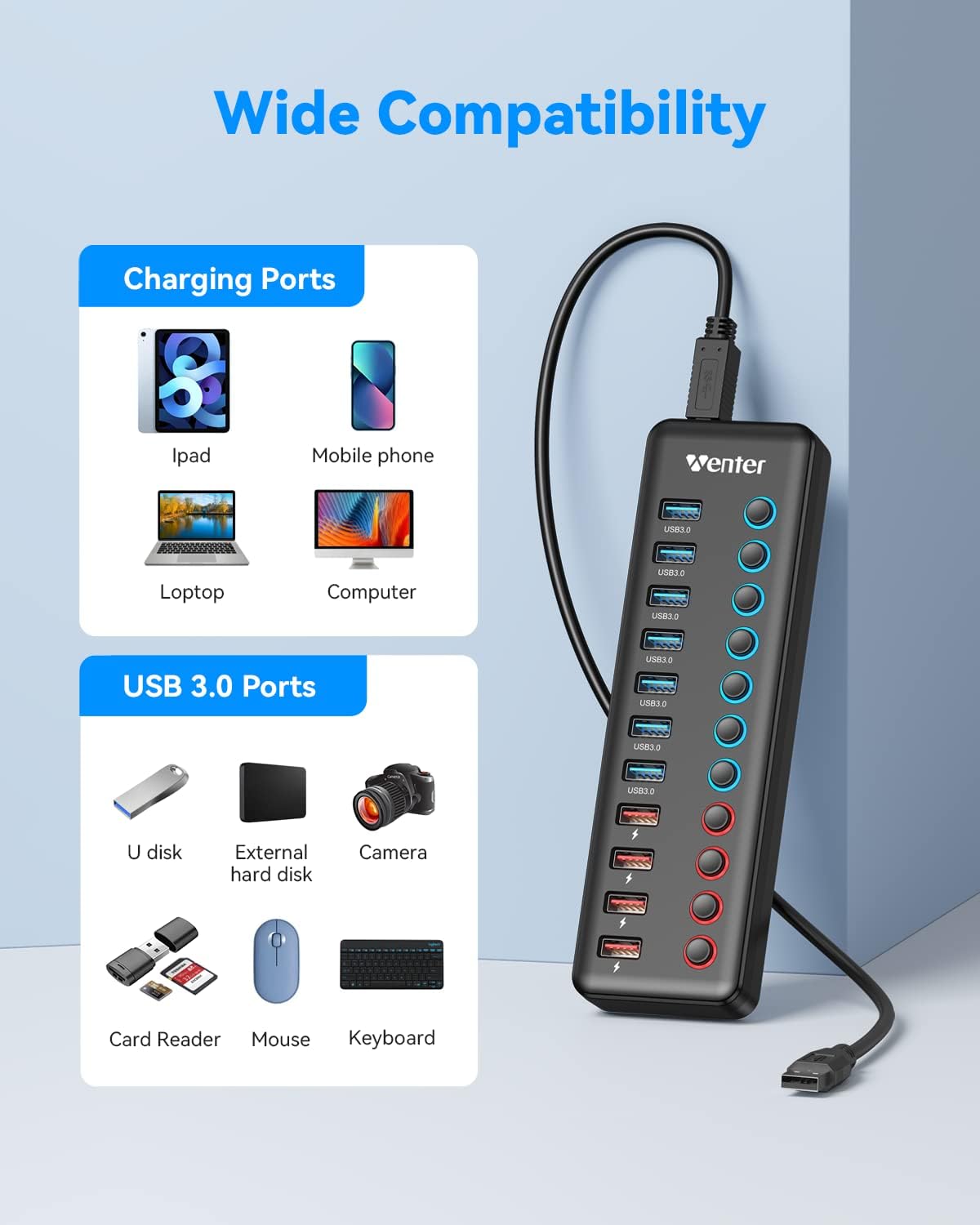 Powered USB 3.0 Hub, WENTER 11-Port USB Data Hub Splitter with Individual On/Off Switches and 12V/3A Power Adapter for MacBook,Mac Pro/Mini and More(7 USB3.0 Ports + 4 Charging Ports)