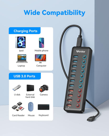 Powered USB 3.0 Hub, WENTER 11-Port USB Data Hub Splitter with Individual On/Off Switches and 12V/3A Power Adapter for MacBook,Mac Pro/Mini and More(7 USB3.0 Ports + 4 Charging Ports)