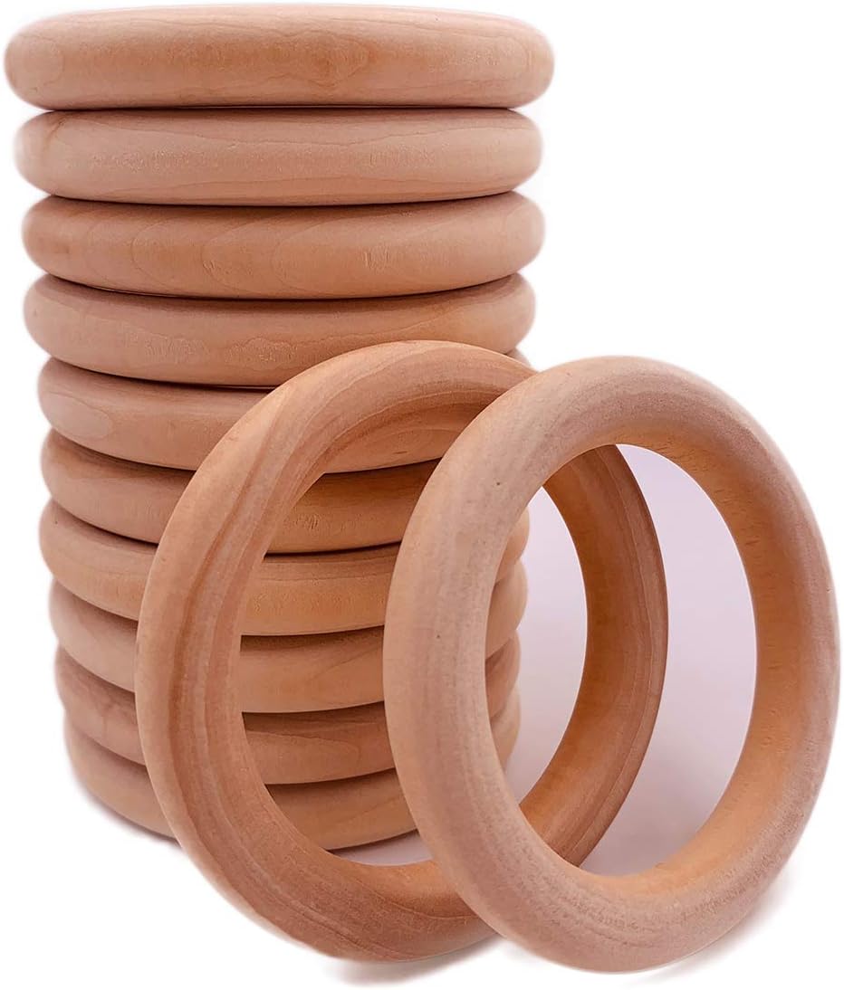 Thiecoc 12-Pack Natural Wooden Rings 70mm – Smooth Unfinished Wood Circles for DIY Crafts, Jewelry, Pendant Connectors, Crocheting, Ornaments - PuriLite