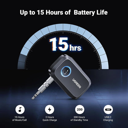 UGREEN Bluetooth 5.3 Receiver for Car, Aux to Bluetooth Adapter 3.5mm Jack, Crystal Clear Sound, Built-in Mic for Hands-Free Calls, 15H Battery Life, Compatible with Car Speaker Home Stereo Amplifier