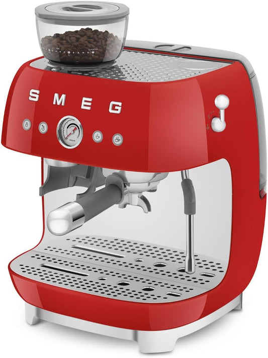 Smeg 50's Retro Style Semi-Automatic Espresso Coffee Machine with Built-in Grinder, Coffee & Latte Drinks, Double-Thermoblock Heating System, Red, EGF03RDUS