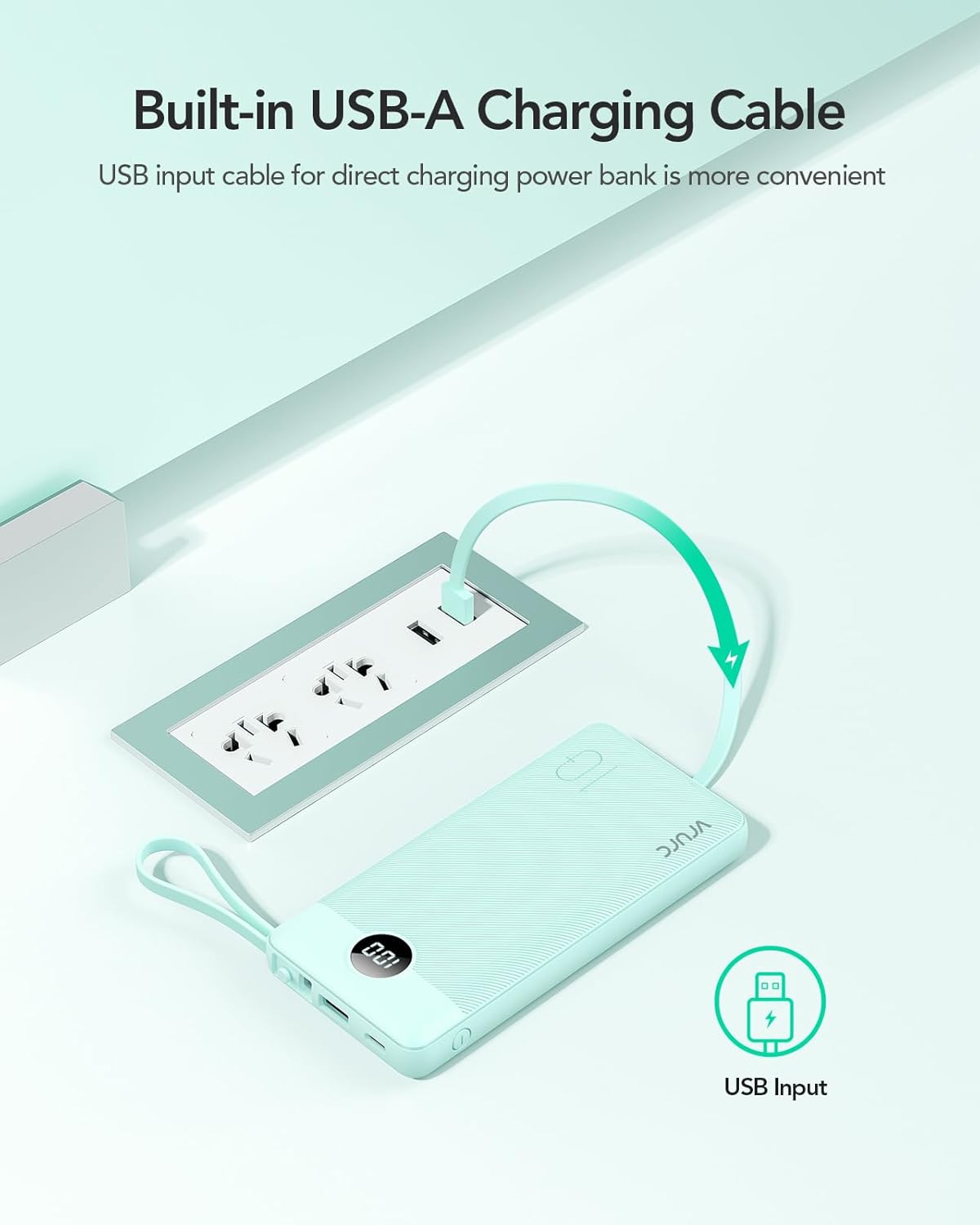 VRURC 10000mAh Power Bank Built-in Cables, Portable Charger with LED Display, Slim Intelligent Travel Battery Pack with Cords, 5 Output Dual Input Phone Charger for Cell Phone Smart Devcies-Blue