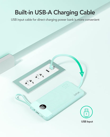 VRURC 10000mAh Power Bank Built-in Cables, Portable Charger with LED Display, Slim Intelligent Travel Battery Pack with Cords, 5 Output Dual Input Phone Charger for Cell Phone Smart Devcies-Blue