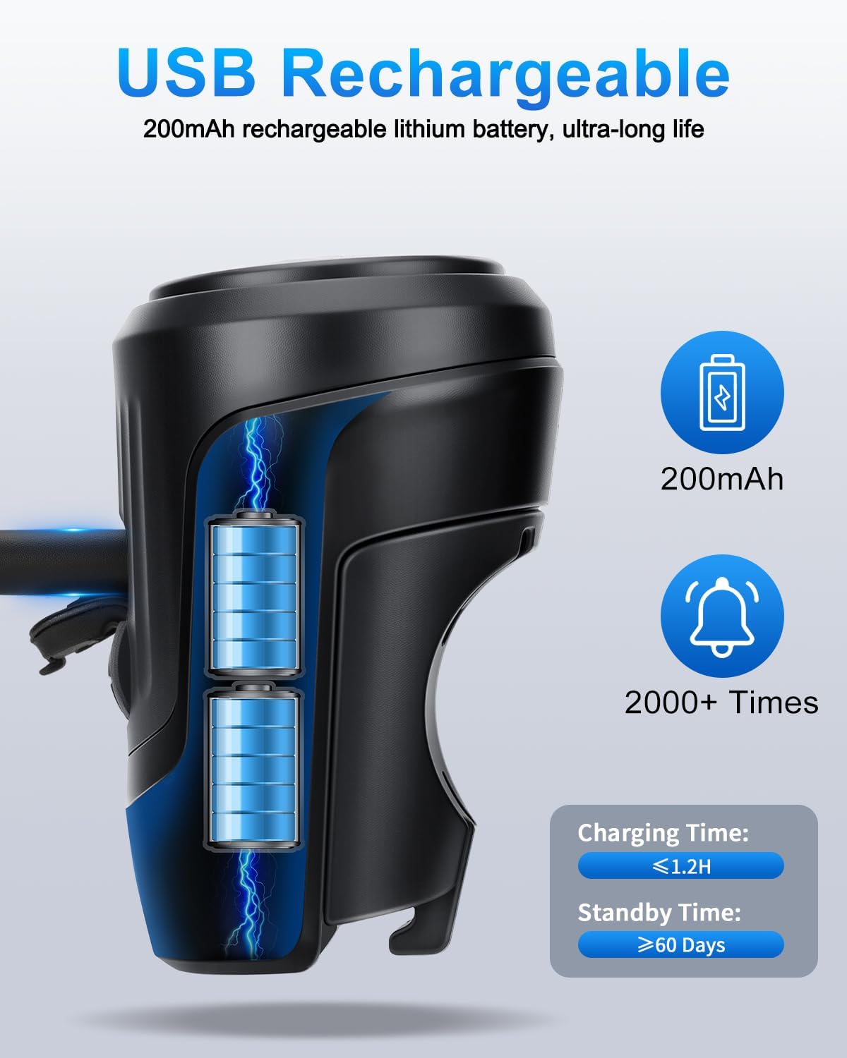 EQIIO Electric Bike Horn 125dB, USB Rechargeable Bicycle Horn Fits 22.2-31.8mm Handlebars, IPX5 Waterproof Bike Bell for Adults/Kids Bike, Scooter, Ebike, Easy Install & Compact Design