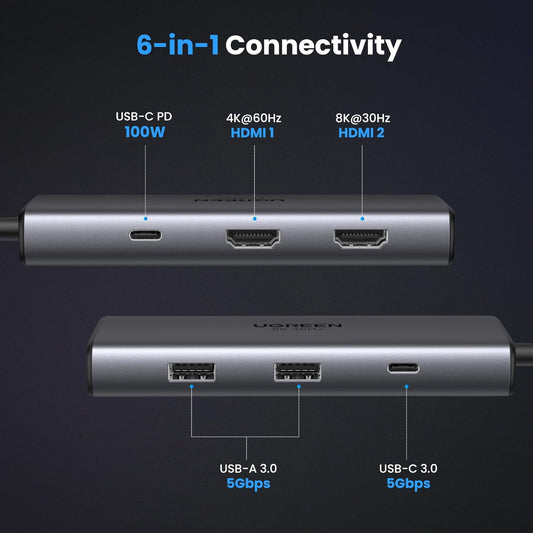 UGREEN Revodok USB C Docking Station Dual 4K@60Hz HDMI, 6-in-1 USB C Hub Dual Monitor with 4K@60Hz HDMI, PD Charging, USB C and 2 USB A 3.0 Data Port for HP, ASUS, ThinkPad and More - PuriLite