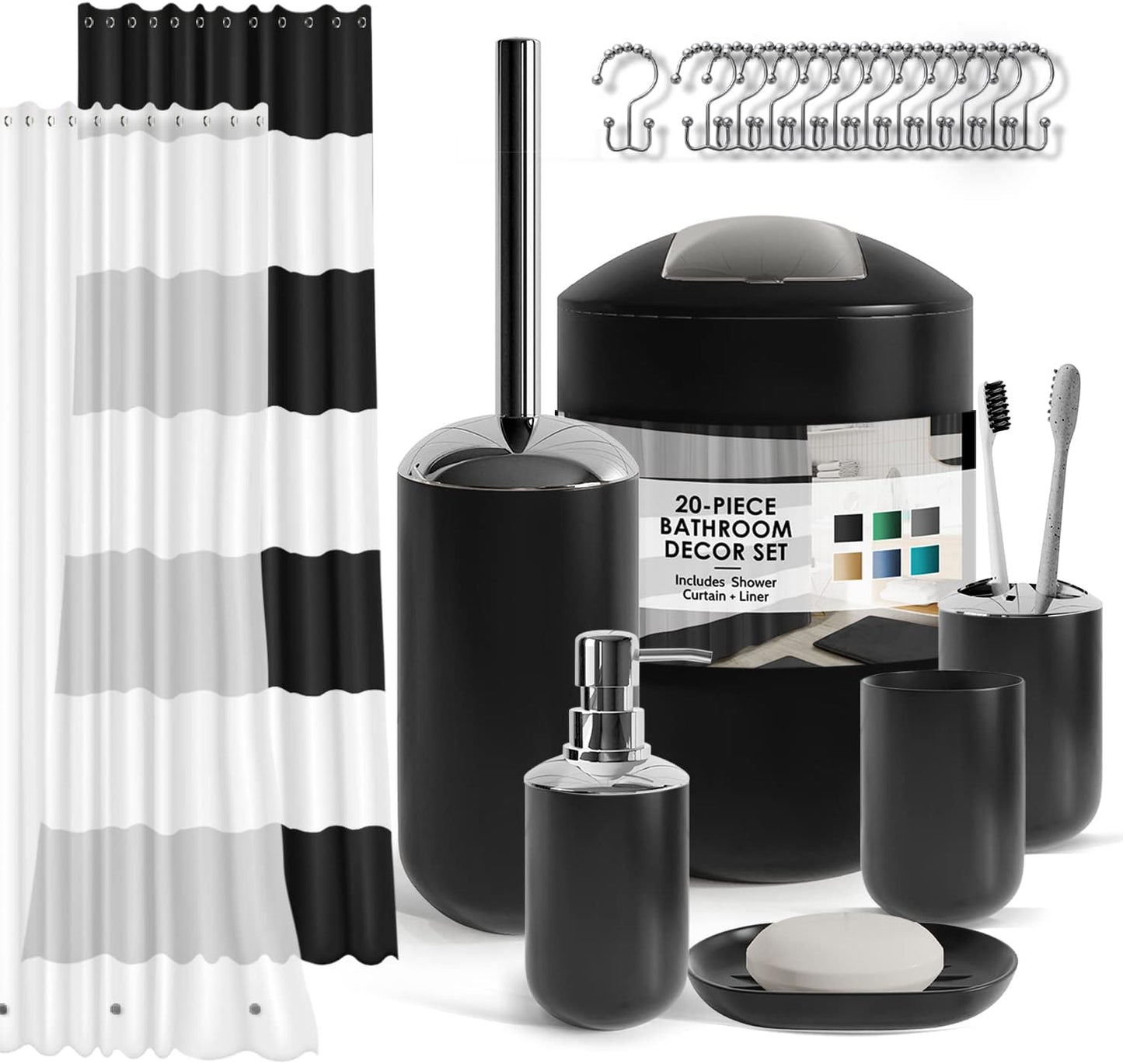 Clara Clark Bathroom Set - Gray Bathroom Accessories Set, Bathroom Sets with Shower Curtain and Rugs, 23PC Shower Curtain Set with Liner, Soap Dispenser, Soap Dish, Toilet Brush Holder, and Trash Can