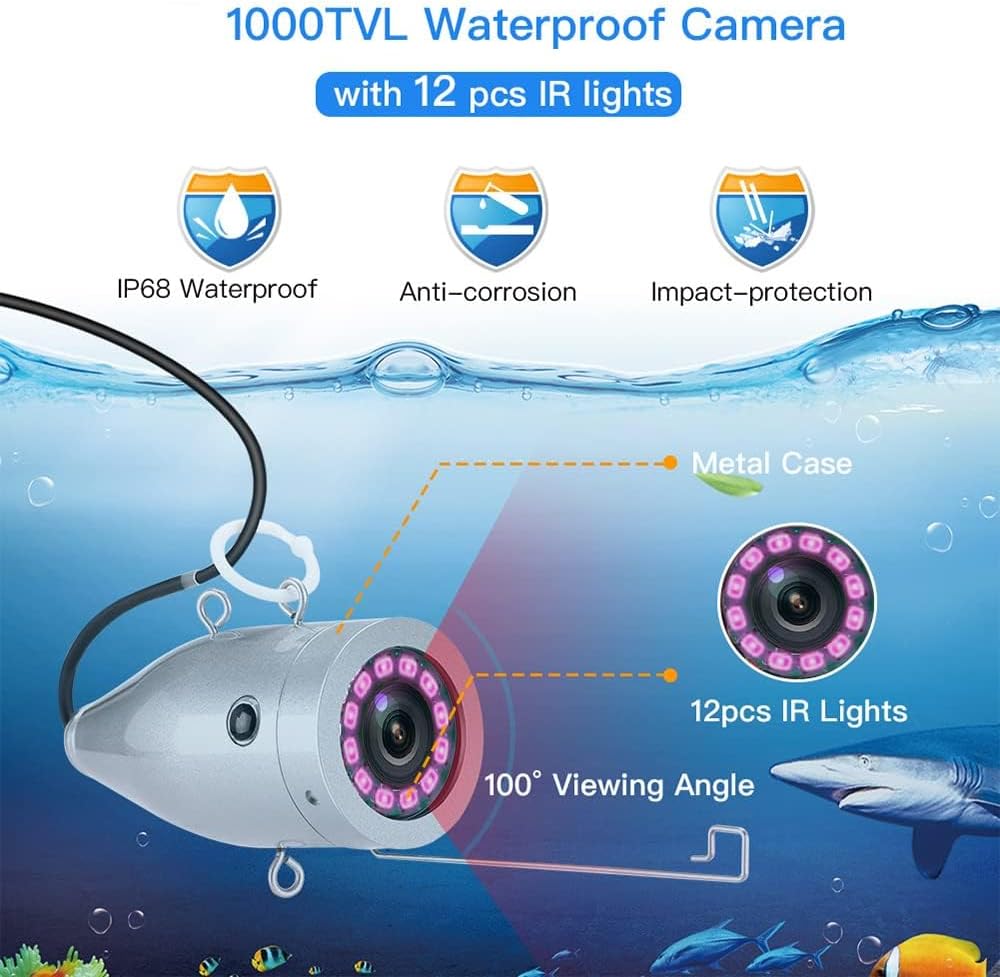 Eyoyo Fishing Camera Video Fish Finder 7 inch LCD Monitor 1000TVL Camera 12pcs IR Lights DVR+8GB with 30m Cable for Ice Lake Boat Fishing