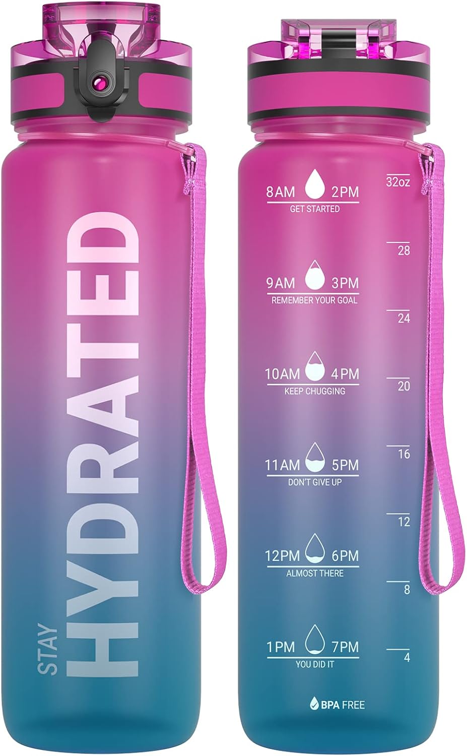 Sahara Sailor 32oz Motivational Sports Water Bottle – BPA-Free Tritan, Leakproof Wide Mouth Bottle with Time Markers and Fast Flow Technology, Includes Cleaning Brush - PuriLite