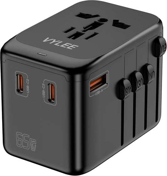 VYLEE Universal Travel Adapter, 65W Fast GaN International Power Adapter, 3PD USB-C+1QC USB-A European Travel Plug Adapter, US, UK, EU, AU Worldwide Travel Charger for Laptops, Tablets, Phones - PuriLite