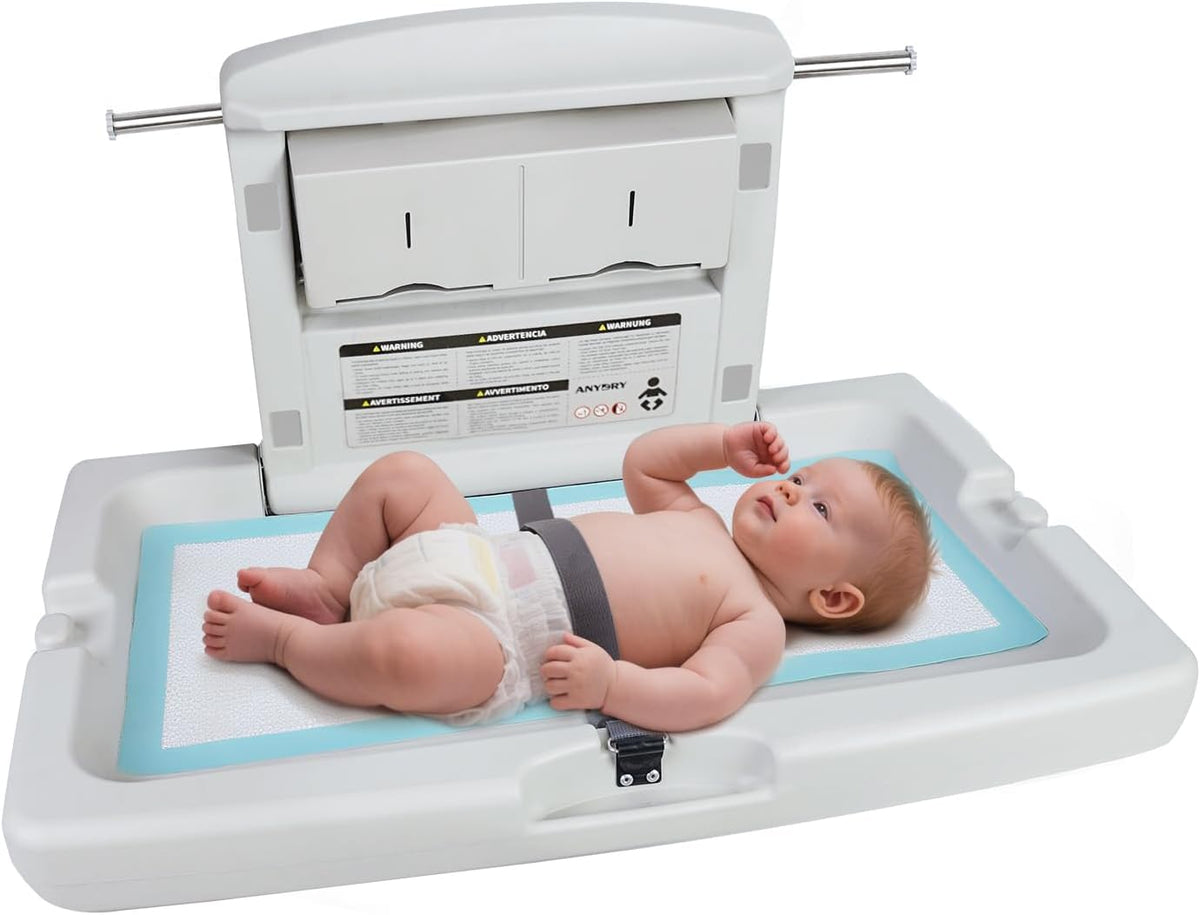 anydry Baby Changing Station Wall-Mounted, Foldable Diaper Changing Table Heavy-Duty Design with Safety Straps for Commercial Bathroom, in Elegant Grayish White