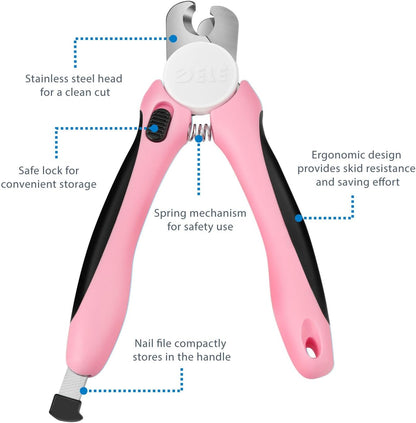 Flexzion Dog Nail Clippers Cat Nail Trimmer, Toe Claw Scissor Grooming Tool with Stainless Steel Blades, File Easy Grip Handle Safety Guard Avoid Overcutting for Small Medium Large Breed Puppy, Pink