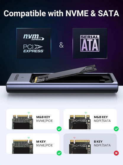 UGREEN M.2 NVMe SATA SSD Enclosure, USB 3.2 Gen2 10Gbps Enclosure for NVMe PCIe M-Key(M+B Key), SATA NGFF (M+B) Key, Support UASP Trim Smart for 2280 2260 2242 2230 with 2 Cables, Aluminum Heatsink