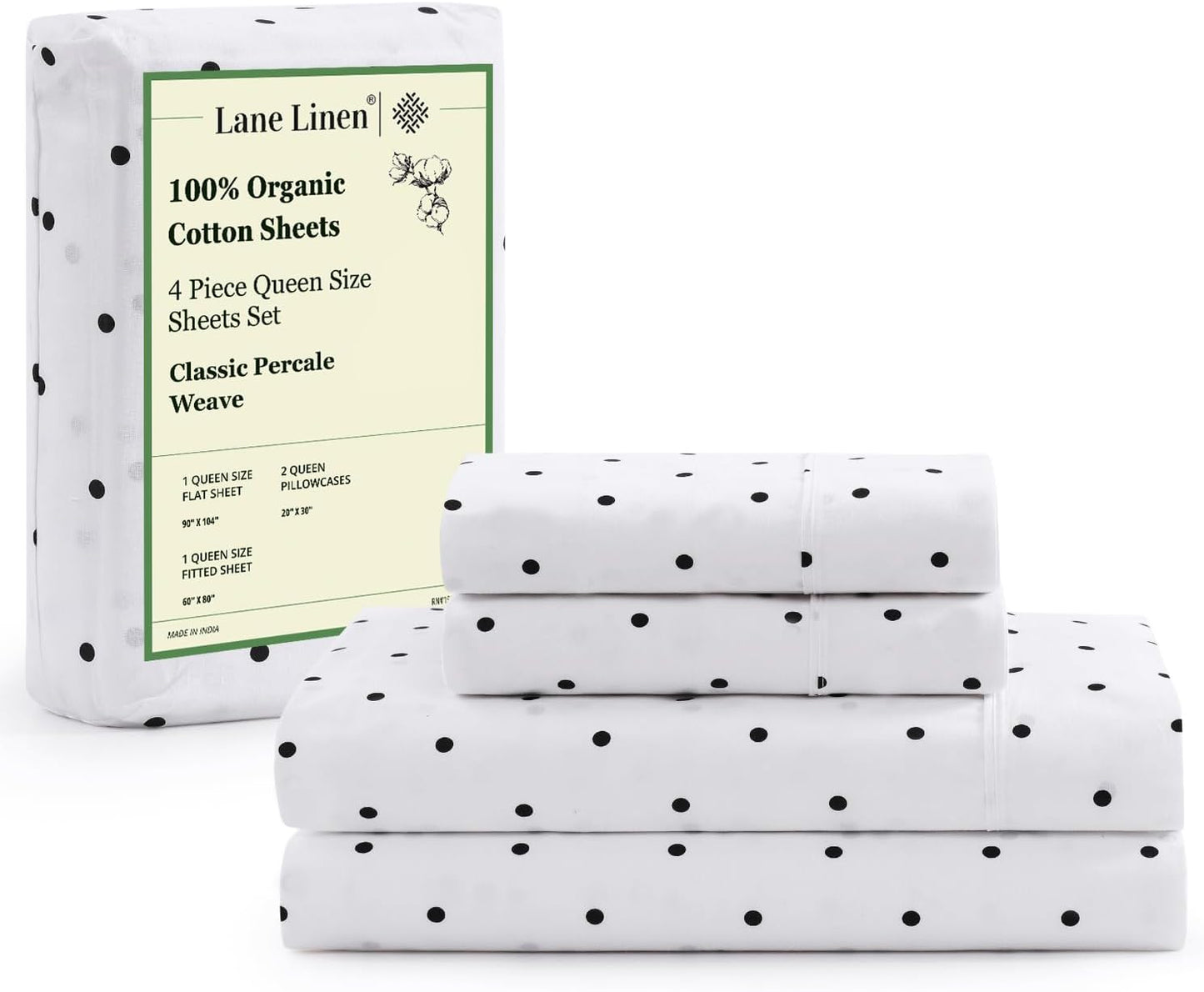 Lane Linen 100% Organic Cotton Queen Sheet Set, 4-Piece Percale Bed Sheets for Queen Bed - Soft, Breathable, Hypoallergenic, Deep Pocket Fits Mattress Up to 15" Deep, Hotel Quality Sheets - White