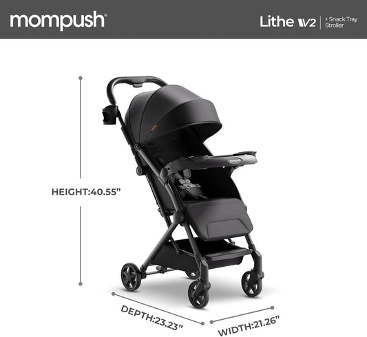 Mompush Lithe V2 Lightweight Stroller + Snack Tray, Ultra-Compact Fold & Airplane Ready Travel Stroller, Near Flat Recline Seat, Cup Holder, Raincover & Travelbag Included