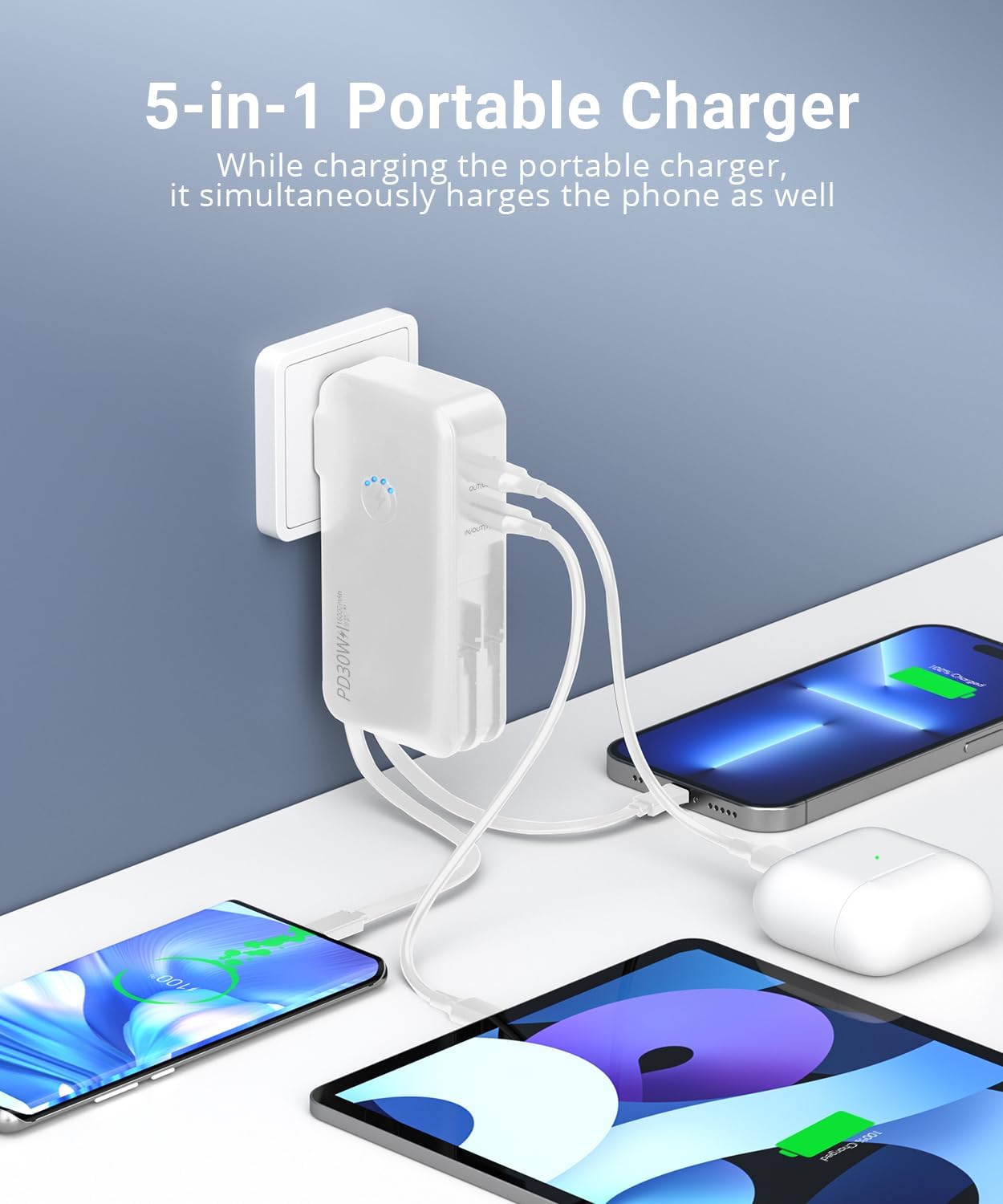 Portable Charger Power Bank 16000mAh Power Bank Built-in AC Wall Plug and Cables, PD 30W and QC4.0 Fast Charger for Most Electronic Devices (White)