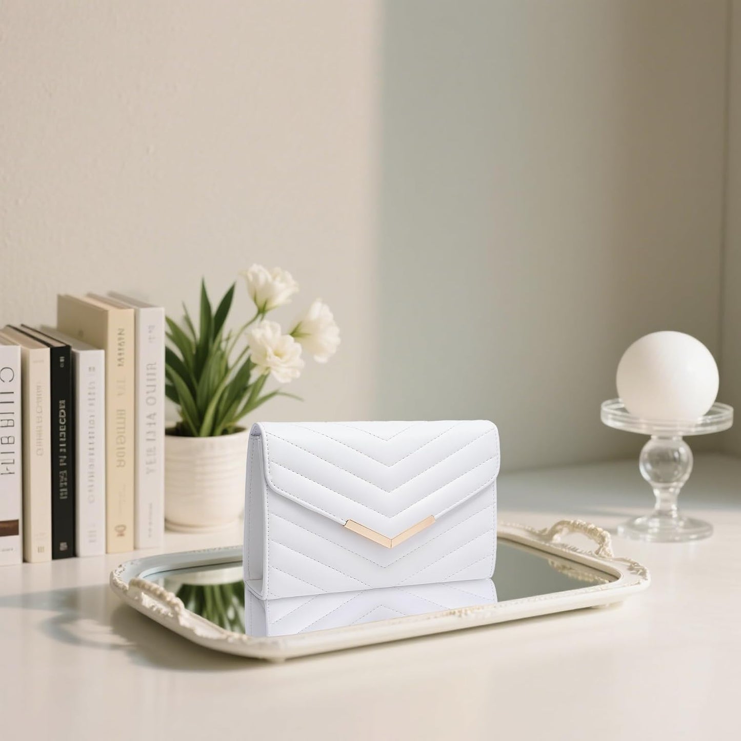 Larcenciel White Quilted Evening Clutch Bag, Elegant Envelope Vegan Leather Crossbody Purse for Women, Detachable Chain & Wristlet Strap, Formal Wedding Guest Bridal Prom Cocktail Party Handbag Wallet - PuriLite