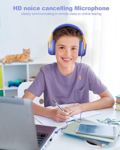 awatrue Kids Headphones with Microphone, Wired Headphones for Kids 85/94dB Safe Volume Limit, Over Ear Headsets, Boys Girls Childrens Headphones for School/Travel/Fire Tablet/BlueOrange