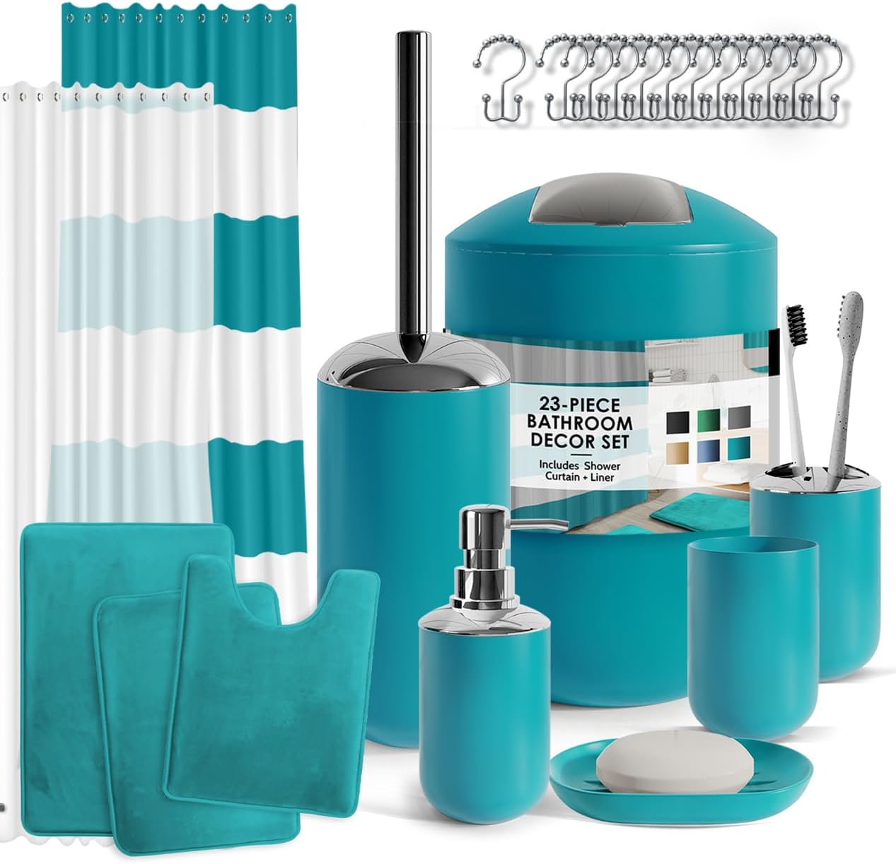 Clara Clark Bathroom Set - Gray Bathroom Accessories Set, Bathroom Sets with Shower Curtain and Rugs, 23PC Shower Curtain Set with Liner, Soap Dispenser, Soap Dish, Toilet Brush Holder, and Trash Can
