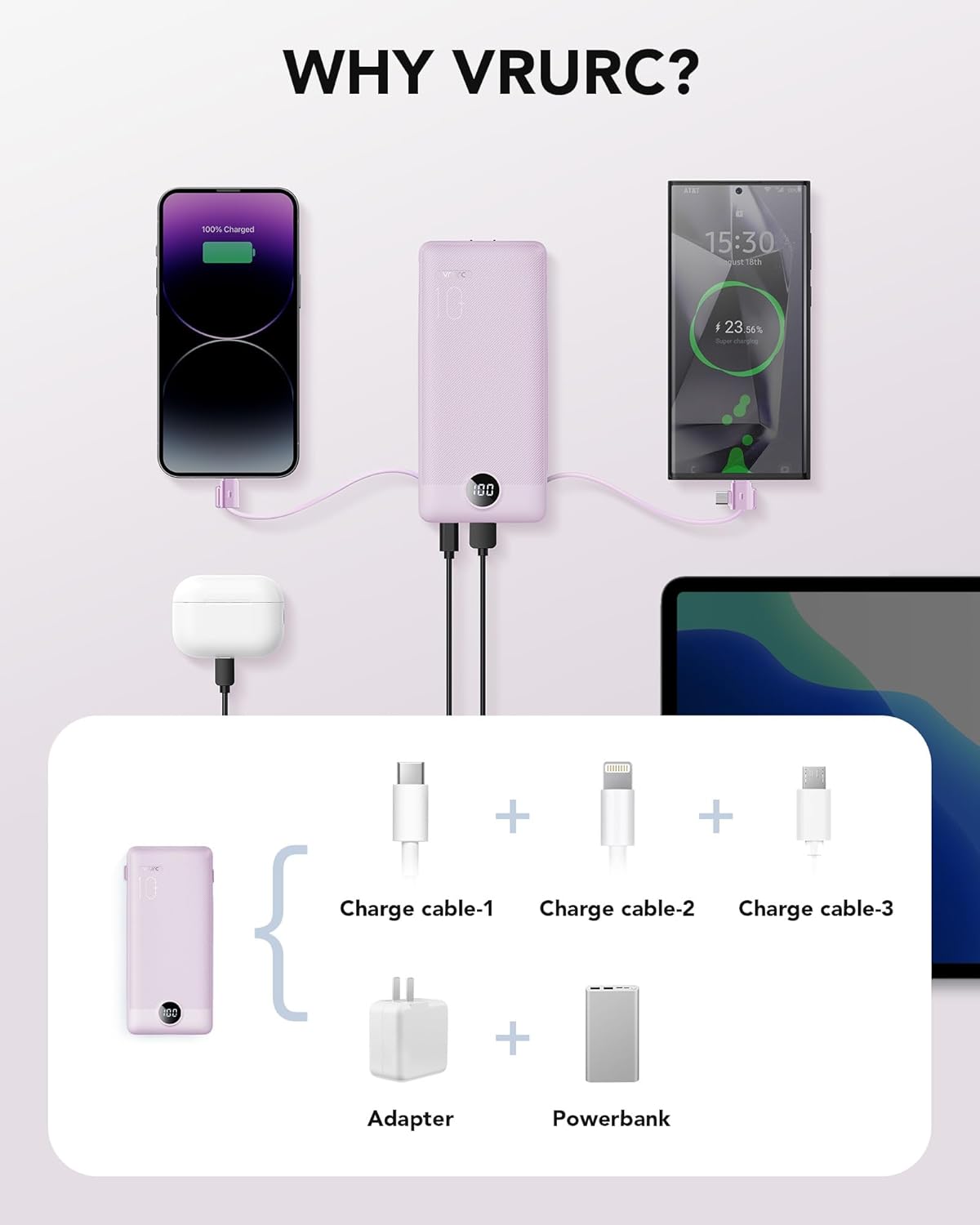 Portable Charger Built-in Cables and AC Wall Plug, VRURC USB C Power Bank 10000mAh, [2025 Upgraded Version] Phone Charger Compact Lightweight External Battery Pack for Smart Phones,Navy Blue