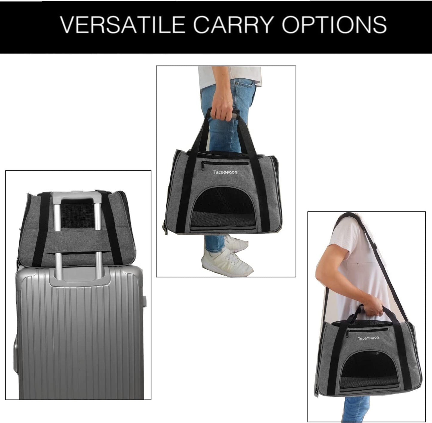 Tecageaon soft Pet Carrier Cat Carrier Dog Carrier for Small Dogs Cats Kitten Dogs Puppies,Escape-Proof,Airline Approved for Travel ,Breathable,5 Mesh Windows (Medium, Grey)